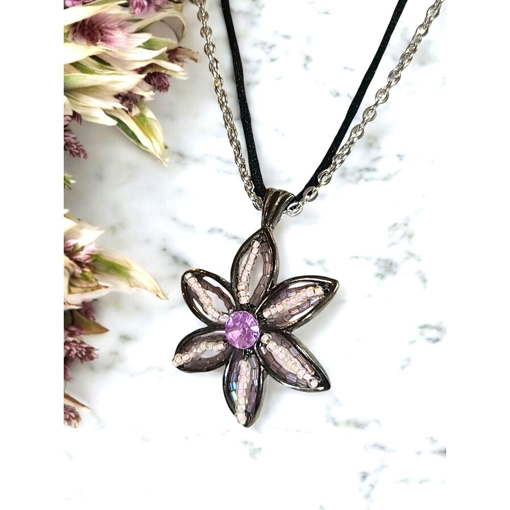 Vintage Silver Tone Wire Flower Glass Bead Pendant Double Strand Necklace 18"